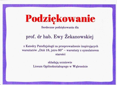 Podziękowania za organizację warsztatów dla uczniów szkół średnich. Kliknij, aby powiększyć zdjęcie.